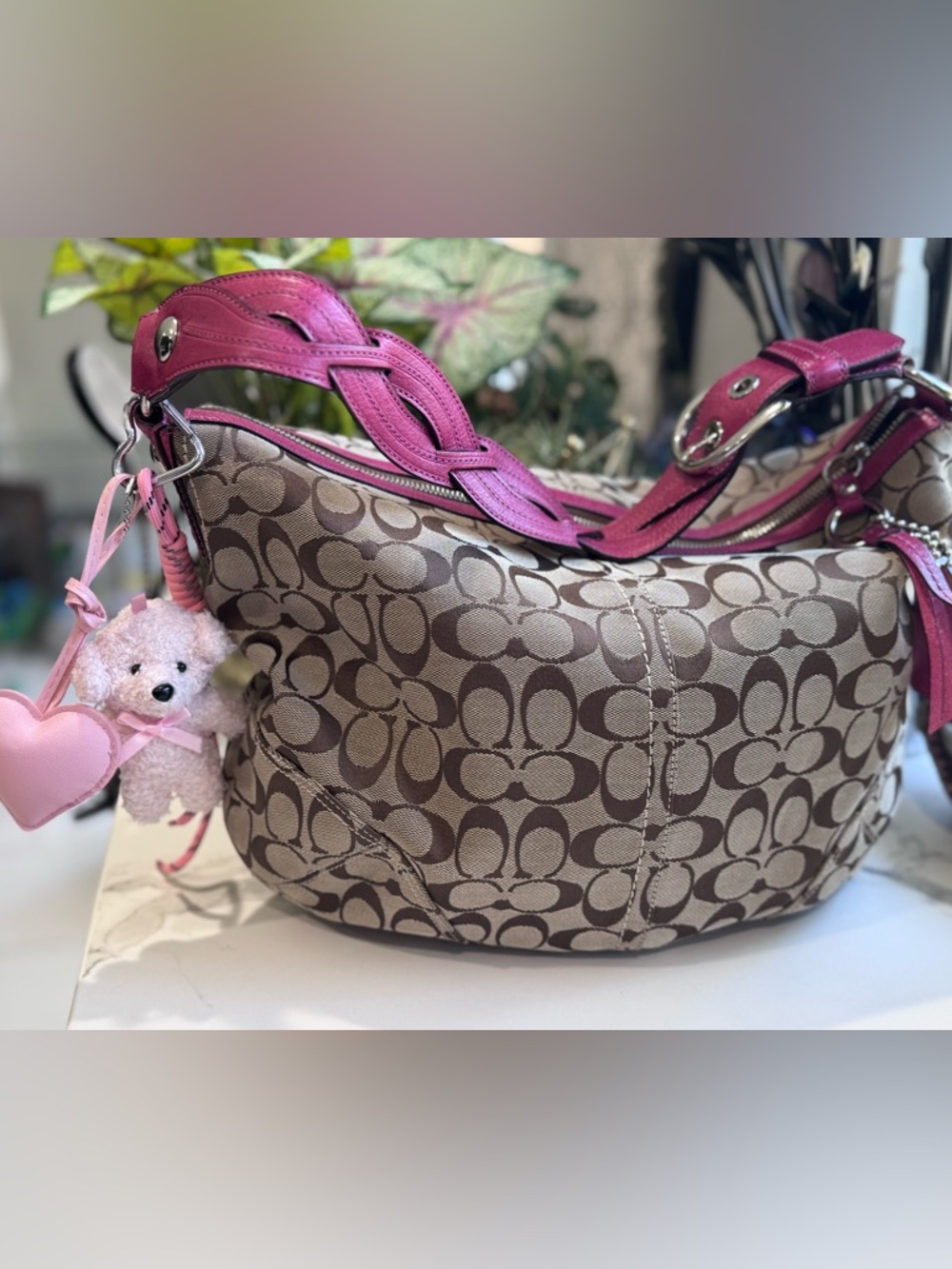 Coach Signature Canvas Large Hobo Bag Tan & Pink Braided Strap #F11859